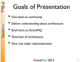 CamelOne 2013	

CamelOne	

3	

Goals of Presentation	

•  Give back to community	

•  Deliver understanding about architec...