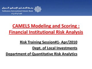 CAMELS Modeling and Scoring :Financial Institutional Risk Analysis Risk Training Session#1- Apr/2010  Dept. of Local Investments  Department of Quantitative Risk Analytics 