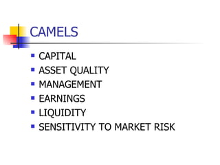 CAMELS
   CAPITAL
   ASSET QUALITY
   MANAGEMENT
   EARNINGS
   LIQUIDITY
   SENSITIVITY TO MARKET RISK
 