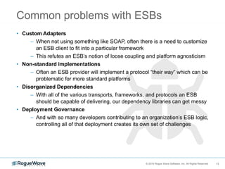 13© 2018 Rogue Wave Software, Inc. All Rights Reserved. 13
Common problems with ESBs
• Custom Adapters
– When not using something like SOAP, often there is a need to customize
an ESB client to fit into a particular framework
– This refutes an ESB’s notion of loose coupling and platform agnosticism
• Non-standard implementations
– Often an ESB provider will implement a protocol “their way” which can be
problematic for more standard platforms
• Disorganized Dependencies
– With all of the various transports, frameworks, and protocols an ESB
should be capable of delivering, our dependency libraries can get messy
• Deployment Governance
– And with so many developers contributing to an organization’s ESB logic,
controlling all of that deployment creates its own set of challenges
 