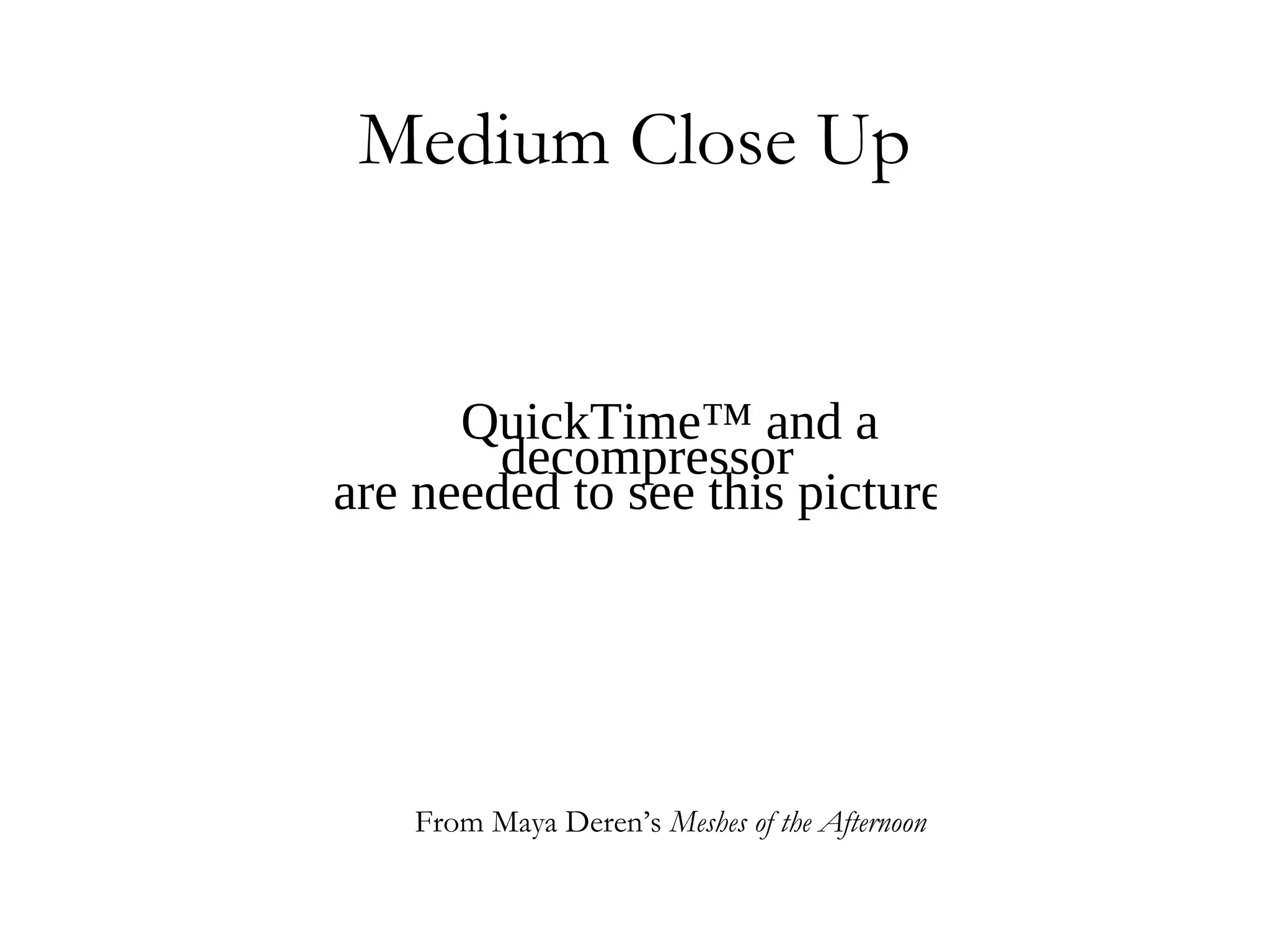 Medium Close Up


      QuickTime™ and a
        decompressor
are needed to see this picture.




    From Maya Deren’s Meshes of the Afternoon
 