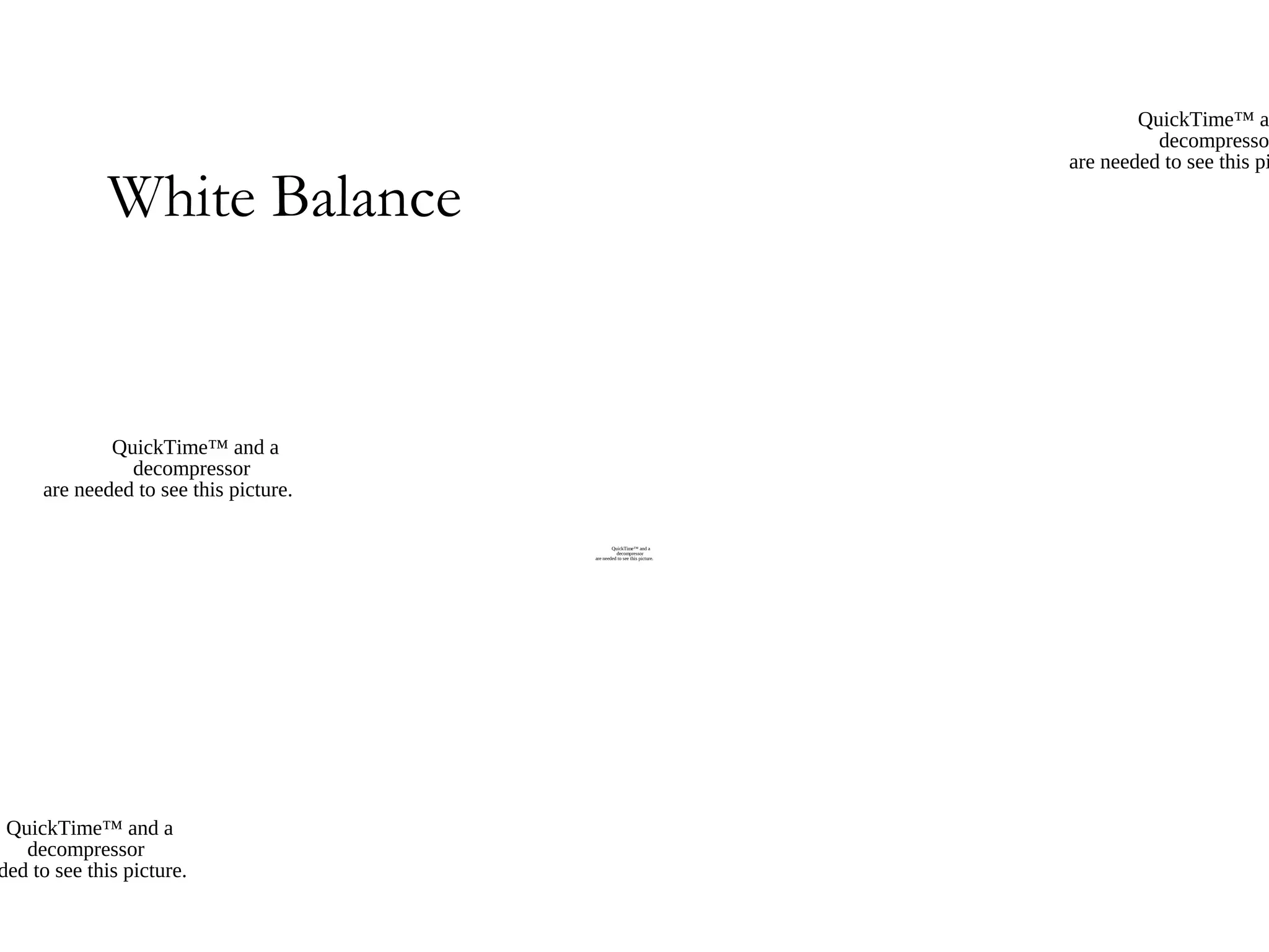 QuickTime™ a
                                                                                   decompresso
                                                                         are needed to see this pi

             White Balance


             QuickTime™ and a
               decompressor
     are needed to see this picture.

                                               QuickTime™ and a
                                                 decompressor
                                       are needed to see this picture.




 QuickTime™ and a
   decompressor
ded to see this picture.
 