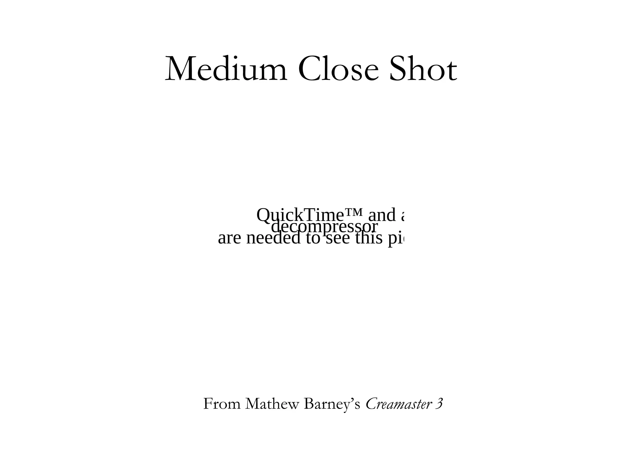 Medium Close Shot


         QuickTime™ and a
           decompressor
    are needed to see this picture.




  From Mathew Barney’s Creamaster 3
 