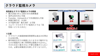 コムワークス
クラウド監視カメラ
高性能なクラウド監視カメラの特長
• 最大2560 (H) x 1920 (V)の高解像度
• 音声は双方向に可能
• Youtube、Ustreamなどで外部配信も可能
• 映像圧縮方式 H.264
• 水平画角180°最大360°も可能
• コムワークスのクラウド監視カメラは「高
性能＋ビジネス向け」
※注意
• クラウドへの録画映像保管期間は過去14日間ま
たは30日間。
• 動作検知方式での録画となりますので動作する
ものが画面内に無い時間帯は録画されません。
そのため全く動きのない不要な映像が入らない
ため、必要な映像部分を探しやすくなります。
 