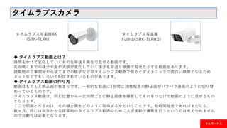 コムワークス
タイムラプスカメラ
タイムラプス写楽庫4K
(SRK-TL4K)
タイムラプス写楽庫
FullHD(SRK-TLFHD)
 タイムラプス動画とは？
時間をかけて変化していくものを早送り再生で見せる動画です。
花が咲くまでの様子や星や天候が変化していく様子を早送り映像で見せたりする動画があります。
建築物の工事開始から竣工までの様子などはタイムラプス動画で見るとダイナミックで面白い映像となるため
ネットなどでもいろいろ配信されているものがあります。
 タイムラプス動画の作り方
動画はもともと静止画の集まりです。一般的な動画は1秒間に30枚程度の静止画がパラパラ漫画のように切り替
わっているものです。
タイムラプス動画は、同じ位置から一定時間ごとに静止画像を撮影してそれをつなげて動画のように見せるもの
となります。
ここで問題となるのは、その静止画をどのように取得するかということです。数時間程度であればまだしも、
数ヶ月、時には数年かかる建築物のタイムラプス動画のために人が手動で撮影を行うというのは考えられません
ので自動化は必要となります。
 