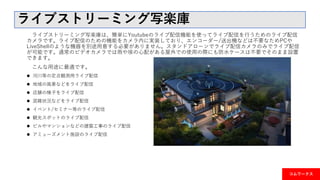ライブストリーミング写楽庫
ライブストリーミング写楽庫は、簡単にYoutubeのライブ配信機能を使ってライブ配信を行うためのライブ配信
カメラです。ライブ配信のための機能をカメラ内に実装しており、エンコーダー/送出機などは不要なためPCや
LiveShellのような機器を別途用意する必要がありません。スタンドアローンでライブ配信カメラのみでライブ配信
が可能です。通常のビデオカメラでは雨や埃の心配がある屋外での使用の際にも防水ケースは不要でそのまま設置
できます。
こんな用途に最適です。
 河川等の定点観測用ライブ配信
 地域の風景などをライブ配信
 店舗の様子をライブ配信
 混雑状況などをライブ配信
 イベント/セミナー等のライブ配信
 観光スポットのライブ配信
 ビルやマンションなどの建築工事のライブ配信
 アミューズメント施設のライブ配信
コムワークス
 