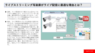  通常、ライブ配信を行う場合には上記のような
システム構成となり、カメラとエンコーダー送
出機、操作用PCなどが必要となります。一方、
ライブストリーミング写楽庫は以下のようなカ
メラのみのシンプルな構成です。
 現在、ライブ配信はいろいろな用途で活用され
ています。Youtubeの配信画面をオリジナルの
webサイト内に埋め込むことで、あなたのサイ
トでライブ映像による情報発信が可能です。観
光地やレジャー施設のPR、イベント/講演会など
の配信、店舗の様子を配信することでPR、建築
物の完成までをライブ配信するサービス、各地
での24時間定点ライブ配信など使い方次第で一
歩進んだ情報発信が出来ます。カメラの信頼性
については、もともと屋外の過酷な環境で24時
間動作し続ける監視カメラとして開発されてい
る製品のため、暑さ、寒さや雨やほこりなどに
強く、安定してライブ配信を行うことができま
す。
コムワークス
ライブストリーミング写楽庫がライブ配信に最適な理由とは？
 