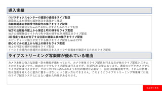 コムワークス
導入実績
ロジスティクスセンターの建築の過程をライブ配信
建築施工主が現場の進捗状況を遠隔から確認
自動車関連の申請受付施設内の様子をライブ配信
施設内の混雑状況をwebでお知らせするためのライブ配信
地方の出版社の屋上から海辺と町の様子をライブ配信
地方の情報発信サイト内で町や海の様子を24時間定点ライブ配信
3日程度で施工が完了する住居の建築工事の様子をライブ配信
スピーディーに施工が完了する様子をライブ配信しwebでPR
都心のビルの屋上から地上の様子をライブ配信
地上の特定の場所の映像をライブ配信
イベント会場内の各場所の混雑状況をスタッフや来場者が確認するためのライブ配信
ライブストリーミング写楽庫が優れている理由
カメラ本体に強力な防塵・防水機能が備わっており、カメラ単体でライブ配信を行える点が他のライブ配信システム
との大きな違いです。Webカメラでもライブ配信は行えますが、別途PCが必要になります。通常のビデオカメラでも
ライブ配信は行えますが、やはりPCやLiveShellのような別の機材が必要な上、設定は結構面倒です。それらは防塵・
防水性能を考えると屋外に置きっぱなしという使い方もできません。このようにライブストリーミング写楽庫には他
のライブ配信システムにはない優れた特徴があるのです。
 
