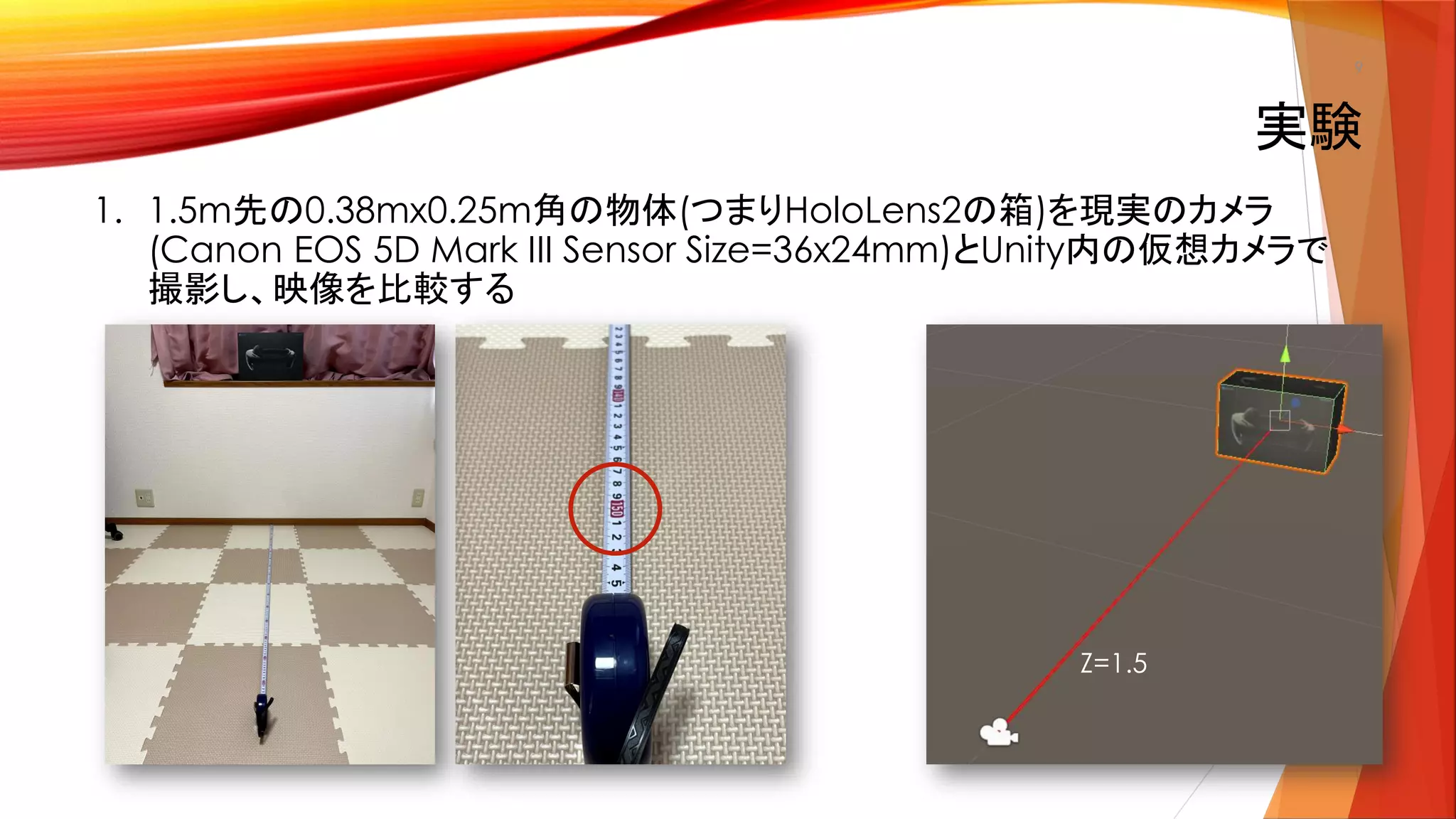 実験
1. 1.5m先の0.38mx0.25m角の物体(つまりHoloLens2の箱)を現実のカメラ
(Canon EOS 5D Mark III Sensor Size=36x24mm)とUnity内の仮想カメラで
撮影し、映像を比較する
9
Z=1.5
 