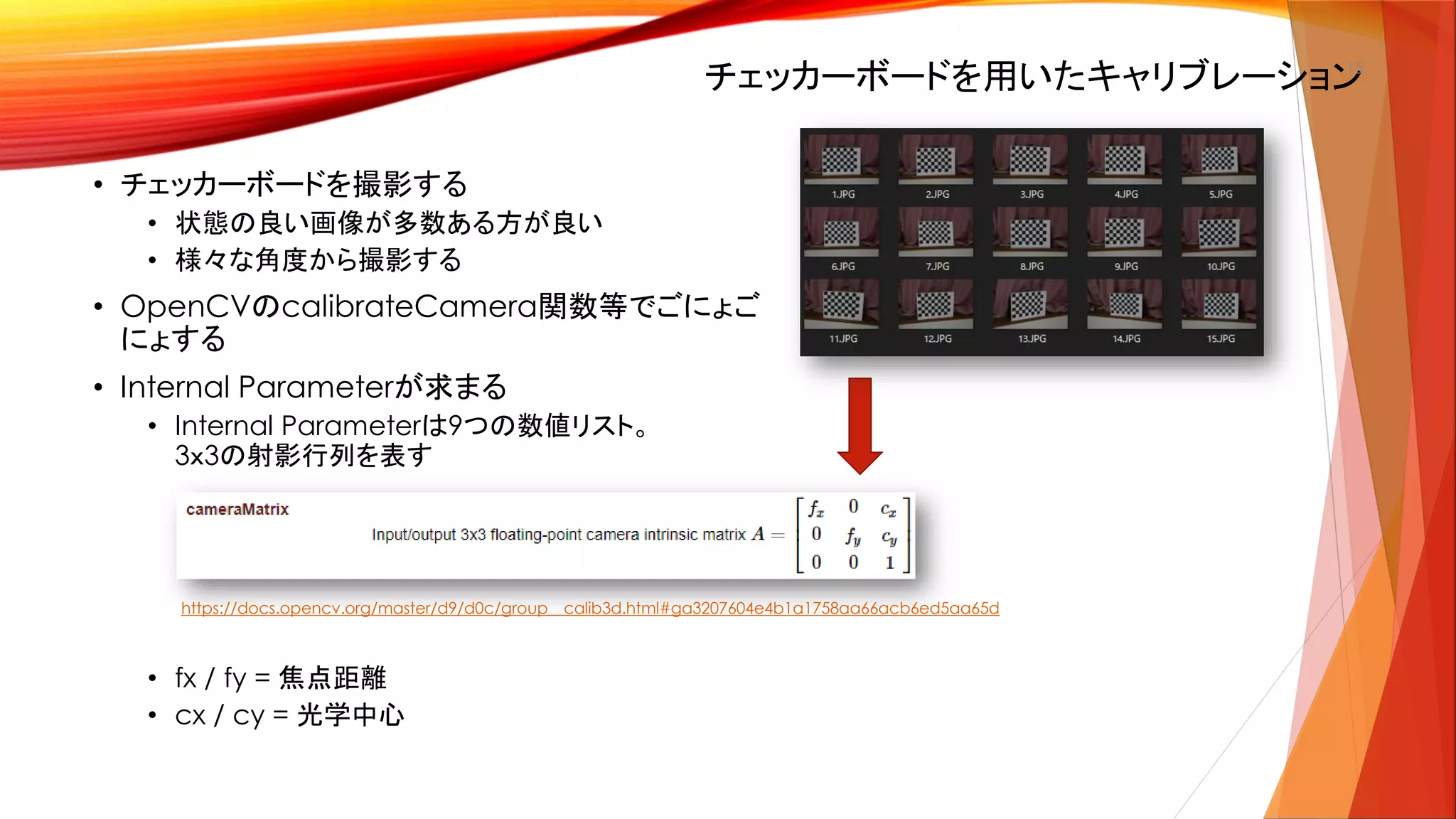 チェッカーボードを用いたキャリブレーション15
• チェッカーボードを撮影する
• 状態の良い画像が多数ある方が良い
• 様々な角度から撮影する
• OpenCVのcalibrateCamera関数等でごにょご
にょする
• Internal Parameterが求まる
• Internal Parameterは9つの数値リスト。
3ｘ3の射影行列を表す
• fx / fy = 焦点距離
• cx / cy = 光学中心
https://docs.opencv.org/master/d9/d0c/group__calib3d.html#ga3207604e4b1a1758aa66acb6ed5aa65d
 