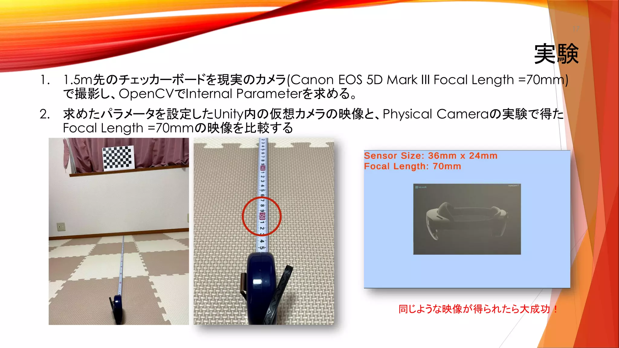 実験
1. 1.5m先のチェッカーボードを現実のカメラ(Canon EOS 5D Mark III Focal Length =70mm)
で撮影し、OpenCVでInternal Parameterを求める。
2. 求めたパラメータを設定したUnity内の仮想カメラの映像と、Physical Cameraの実験で得た
Focal Length =70mmの映像を比較する
17
Z=1.5
同じような映像が得られたら大成功！
 