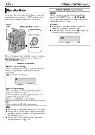 14 EN                                                                GETTING STARTED (cont.)

  Operation Mode                                               VIDEO/MEMORY Switch Position
                                                        VIDEO:
To turn on the camcorder, set the Power Switch to       Allows you to record on a tape or play back a
any operation mode except “OFF” while pressing          tape. If “REC SELECT” is set to “     /    ”
down the Lock Button located on the switch.             ( pg. 50), still images are recorded both on the
                                                        tape and the memory card.
POWER                                                   MEMORY:
Lamp               VIDEO/MEMORY Switch                  ● Allows you to record on a memory card or
                                                          access data stored on a memory card.
                                                        ● When the Power Switch is set to “A” or “M”, the
                                                          currently selected image size appears.
                                Power Switch
                                         OFF A M
                                    PLAY
                                                                     1024




                                 Lock Button



Choose the appropriate operation mode according
to your preference using the Power Switch and
VIDEO/MEMORY Switch.
               Power Switch Position
 A (Full Auto Recording):
 Allows you to record using NO special effects or
 manual adjustments. Suitable for standard
 recording.
 “A” appears on the display.




 M (Manual Recording):
 Allows you to set various recording functions
 using the Menus. ( pg. 38)
 If you want more creative capabilities than Full
 Auto Recording, try this mode.
 There is no indication on the display.
 OFF:
 Allows you to switch off the camcorder.
 P:
 ● Allows you to play back a recording on the tape.
 ● Allows you to display a still image stored in the
   memory card or to transfer a still image stored in
   the memory card to a PC.
 ● Allows you to set various playback functions
   using the Menus. ( pg. 38)
 