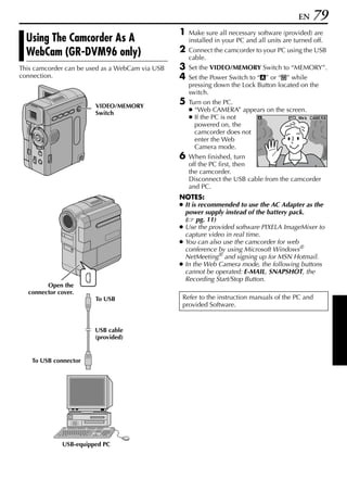 EN    79
                                                 1   Make sure all necessary software (provided) are
  Using The Camcorder As A                           installed in your PC and all units are turned off.

  WebCam (GR-DVM96 only)                         2   Connect the camcorder to your PC using the USB
                                                     cable.
This camcorder can be used as a WebCam via USB   3   Set the VIDEO/MEMORY Switch to “MEMORY”.
connection.                                      4   Set the Power Switch to “A” or “M” while
                                                     pressing down the Lock Button located on the
                                                     switch.

                        VIDEO/MEMORY
                                                 5   Turn on the PC.
                        Switch
                                                     ● “Web CAMERA” appears on the screen.
                                                     ● If the PC is not             P C We b      CAMERA
                                                       powered on, the
                                                       camcorder does not
                                                       enter the Web
                                                       Camera mode.
                                                 6   When finished, turn
                                                     off the PC first, then
                                                     the camcorder.
                                                     Disconnect the USB cable from the camcorder
                                                     and PC.
                                                 NOTES:
                                                 ● It is recommended to use the AC Adapter as the
                                                   power supply instead of the battery pack.
                                                   ( pg. 11)
                                                 ● Use the provided software PIXELA ImageMixer to
                                                   capture video in real time.
                                                 ● You can also use the camcorder for web
                                                   conference by using Microsoft Windows®
                                                   NetMeeting® and signing up for MSN Hotmail.
                                                 ● In the Web Camera mode, the following buttons
                                                   cannot be operated: E-MAIL, SNAPSHOT, the
                                                   Recording Start/Stop Button.
        Open the
  connector cover.
                        To USB                    Refer to the instruction manuals of the PC and
                                                  provided Software.


                        USB cable
                        (provided)


    To USB connector




             USB-equipped PC
 