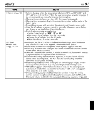 DETAILS                                                                                          EN    81
      ITEMS                                                 NOTES
V Power (   pg. 10)   ● Perform charging where the temperature is between 10°C and 35°C (50°F and
                        95°F). 20°C to 25°C (68°F to 77°F) is the ideal temperature range for charging. If
                        the environment is too cold, charging may be incomplete.
                      ● Charging times noted above are for a fully discharged battery pack.
                      ● Charging time varies according to the ambient temperature and the status of the
                        battery pack.
                      ● To avoid interference with reception, do not use the AC Adapter near a radio.
                      ● Since the AC Adapter processes electricity internally, it becomes warm during
                        use. Be sure to use it only in well-ventilated areas.
                      ● The following operation stops charging:
                         • Set the Power Switch to “P”, “A” or “M”.
                         • Disconnect the AC Adapter from the camcorder.
                         • Unplug the AC Adapter from the AC outlet.
                         • Detach the battery from the camcorder.
V VIDEO               ● When you use the LCD monitor outdoors in direct sunlight, the LCD monitor
RECORDING               may be difficult to see. If this happens, use the viewfinder instead.
( pg. 19, 20)         ● The cassette holder cannot be opened unless a power supply is attached.
                      ● There may be a delay after you open the cassette holder cover until the cassette
                        holder opens. Do not use force.
                      ● Once the cassette holder is closed, it recedes automatically. Wait until it recedes
                        completely before closing the cassette holder cover.
                      ● When the Recording Start/Stop button is pressed, it may take a few seconds
                        before actual recording starts. The “T” indicator starts rotating when the
                        camcorder actually starts recording.
                      ● The time required to calculate and display the remaining tape length, and the
                        accuracy of the calculation, may vary according to the type of tape used.
                      ● “TAPE END” appears when the tape reaches its end, and the power goes off
                        automatically if left in this condition for 5 minutes. “TAPE END” also appears
                        when a cassette at its end is loaded.
                      ● During recording, sound is not heard from the speaker. To hear the sound,
                        connect optional headphones to the headphone connector. (GR-DVM96 only)
                        The sound volume is at the level it was adjusted to during playback. ( pg. 22)
 