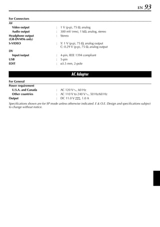 EN   93
For Connectors
AV
  Video output                     :   1 V (p-p), 75 Ω, analog
  Audio output                     :   300 mV (rms), 1 kΩ, analog, stereo
Headphone output                   :   Stereo
(GR-DVM96 only)
S-VIDEO                            :   Y: 1 V (p-p), 75 Ω, analog output
                                       C: 0.29 V (p-p), 75 Ω, analog output
DV
  Input/output                     :   4-pin, IEEE 1394 compliant
USB                                :   5-pin
EDIT                               :   ø3.5 mm, 2-pole


                                               AC Adapter
For General
Power requirement
  U.S.A. and Canada                :   AC 120 Vd, 60 Hz
  Other countries                  :   AC 110 V to 240 Vd, 50 Hz/60 Hz
Output                             :   DC 11.0 V G, 1.0 A
Specifications shown are for SP mode unless otherwise indicated. E & O.E. Design and specifications subject
to change without notice.
 