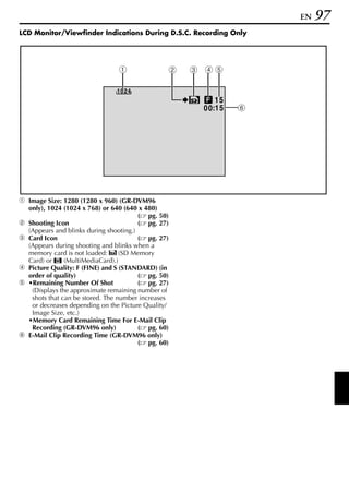 EN   97
LCD Monitor/Viewfinder Indications During D.S.C. Recording Only




                                1                   2   3 45

                                1024
                                                             15
                                                         0 0:1 5   6




a Image Size: 1280 (1280 x 960) (GR-DVM96
  only), 1024 (1024 x 768) or 640 (640 x 480)
                                        ( pg. 50)
b Shooting Icon                         ( pg. 27)
  (Appears and blinks during shooting.)
c Card Icon                             ( pg. 27)
  (Appears during shooting and blinks when a
  memory card is not loaded:      (SD Memory
  Card) or     (MultiMediaCard).)
d Picture Quality: F (FINE) and S (STANDARD) (in
  order of quality)                     ( pg. 50)
e •Remaining Number Of Shot             ( pg. 27)
   (Displays the approximate remaining number of
   shots that can be stored. The number increases
   or decreases depending on the Picture Quality/
   Image Size, etc.)
  •Memory Card Remaining Time For E-Mail Clip
   Recording (GR-DVM96 only)            ( pg. 60)
f E-Mail Clip Recording Time (GR-DVM96 only)
                                        ( pg. 60)
 