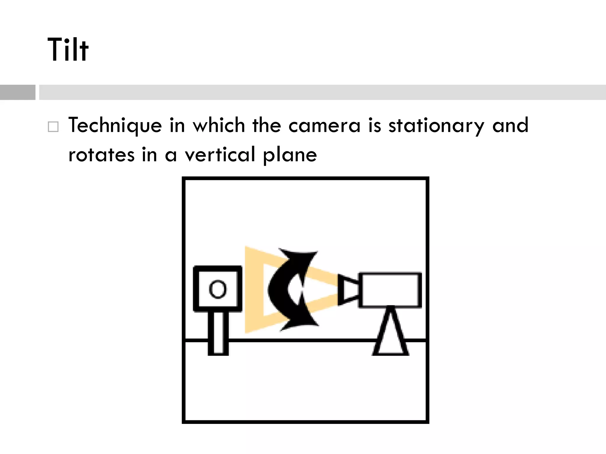 Tilt
 Technique in which the camera is stationary and
rotates in a vertical plane
 