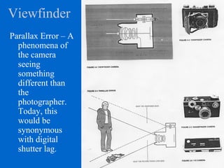 Viewfinder
Parallax Error – A
phenomena of
the camera
seeing
something
different than
the
photographer.
Today, this
would be
synonymous
with digital
shutter lag.
 