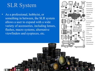 SLR System
• As a professional, hobbyist, or
something in between, the SLR system
allows a user to expand with a wide
variety of accessories, including lenses,
flashes, macro systems, alternative
viewfinders and eyepieces, etc.
 