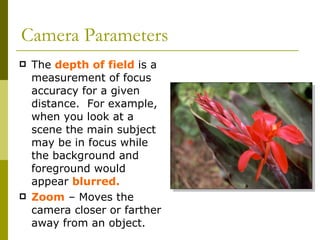 Camera Parameters The   depth of field   is a measurement of focus accuracy for a given distance.  For example, when you look at a scene the main subject may be in focus while the background and foreground would appear  blurred.  Zoom  – Moves the camera closer or farther away from an object. 