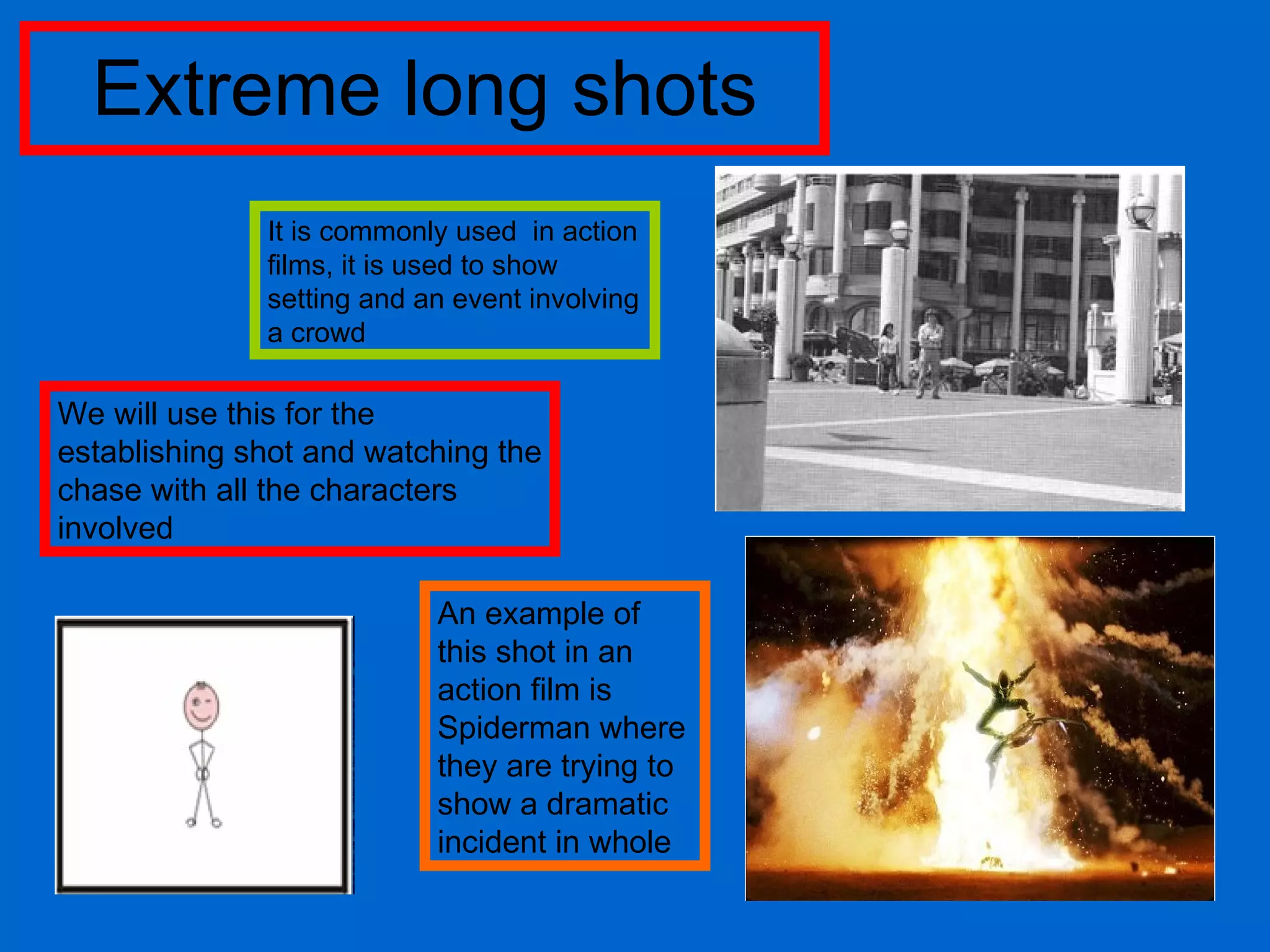 Extreme long shots It is commonly used  in action films, it is used to show setting and an event involving a crowd We will use this for the establishing shot and watching the chase with all the characters involved  An example of this shot in an action film is Spiderman where they are trying to show a dramatic incident in whole 