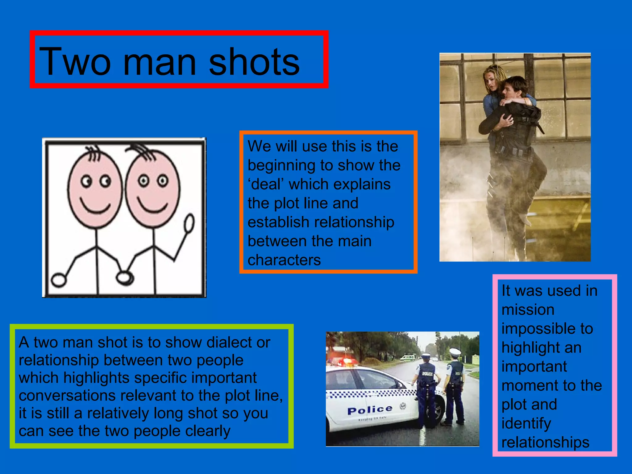 A two man shot is to show dialect or relationship between two people which highlights specific important conversations relevant to the plot line, it is still a relatively long shot so you can see the two people clearly  We will use this is the beginning to show the ‘deal’ which explains the plot line and establish relationship between the main characters Two man shots It was used in mission impossible to highlight an important moment to the plot and identify relationships 
