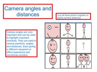 Camera angles and distances Camera angles are very important and can be used to highlight important moments. They are used in various positions, angles, and distances. Each giving a different viewpoint or effect experience and sometimes emotion I put all these photo’s together to signify camera distances 