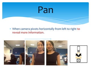 Pan
When camera pivots horizontally from left to right to
reveal more information.
 