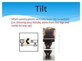 Tilt
When camera pivots vertically from top to bottom.
(i.e. showing sexy female, starts from the legs and
works its way up)
 