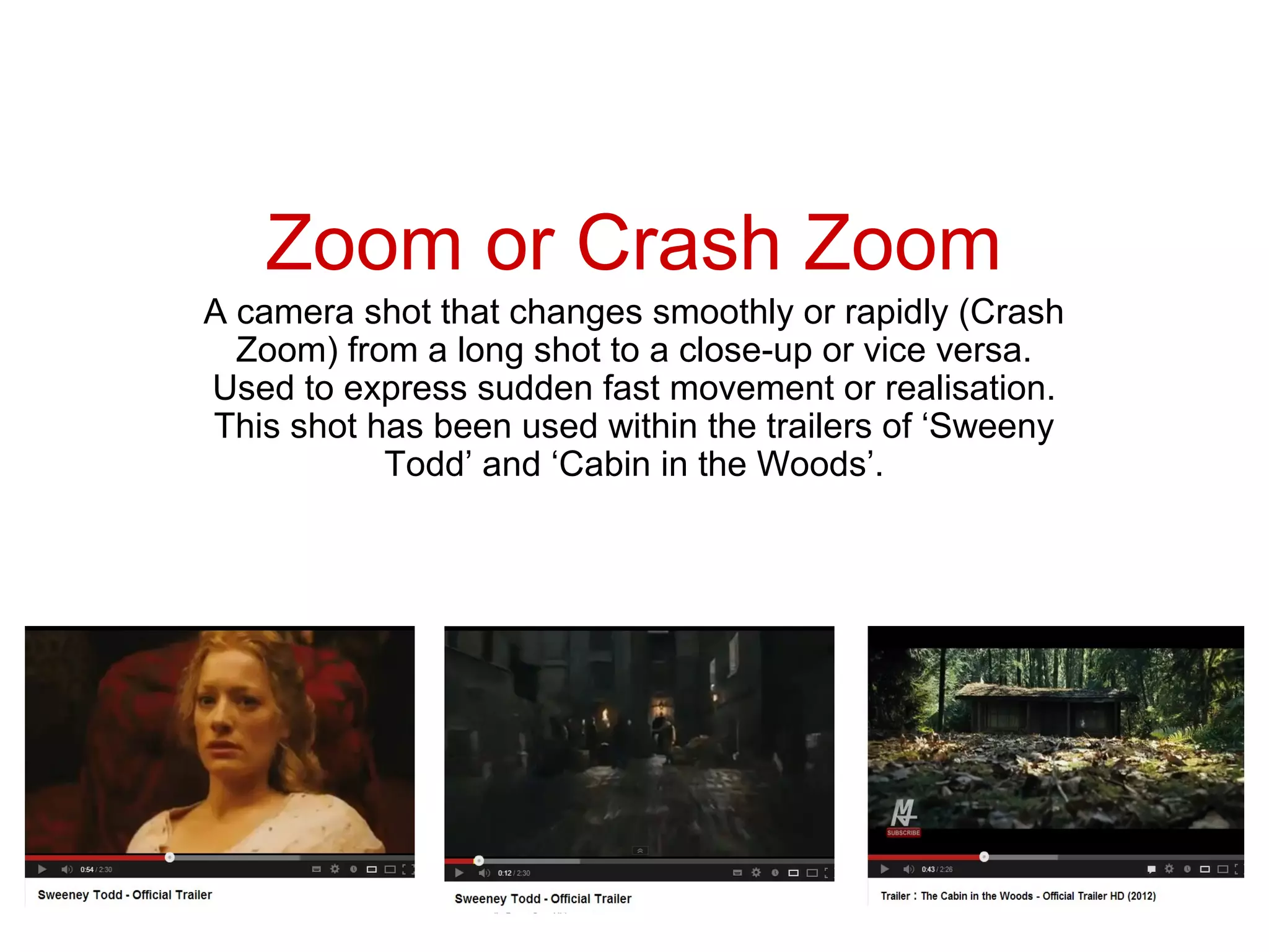 Zoom or Crash Zoom
A camera shot that changes smoothly or rapidly (Crash
  Zoom) from a long shot to a close-up or vice versa.
Used to express sudden fast movement or realisation.
This shot has been used within the trailers of ‘Sweeny
           Todd’ and ‘Cabin in the Woods’.
 