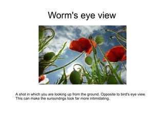 Worm's eye view




A shot in which you are looking up from the ground. Opposite to bird's eye view.
This can make the suroundngs look far more intimidating.
 