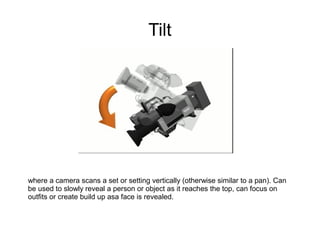 Tilt




where a camera scans a set or setting vertically (otherwise similar to a pan). Can
be used to slowly reveal a person or object as it reaches the top, can focus on
outfits or create build up asa face is revealed.
 