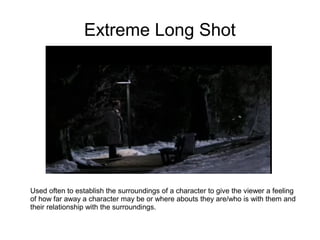 Extreme Long Shot




Used often to establish the surroundings of a character to give the viewer a feeling
of how far away a character may be or where abouts they are/who is with them and
their relationship with the surroundings.
 
