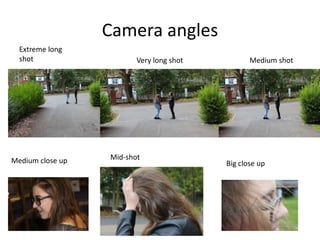 Camera angles 
Extreme long 
shot Very long shot Medium shot 
Medium close up Mid-shot 
Big close up 
 