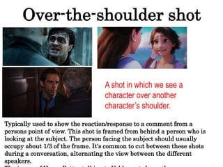 Over-the-shoulder shot
A shot in which we see a
character over another
character’s shoulder.
Typically used to show the reaction/response to a comment from a
persons point of view. This shot is framed from behind a person who is
looking at the subject. The person facing the subject should usually
occupy about 1/3 of the frame. It's common to cut between these shots
during a conversation, alternating the view between the different
speakers.
 