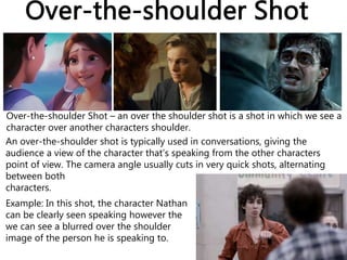 Over-the-shoulder Shot
Over-the-shoulder Shot – an over the shoulder shot is a shot in which we see a
character over another characters shoulder.
An over-the-shoulder shot is typically used in conversations, giving the
audience a view of the character that’s speaking from the other characters
point of view. The camera angle usually cuts in very quick shots, alternating
between both
characters.
Example: In this shot, the character Nathan
can be clearly seen speaking however the
we can see a blurred over the shoulder
image of the person he is speaking to.
 