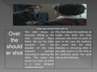 Over
the
should
er shot
This shot shows on
character talking to the
main character, Harry
Potter. We see the other
character over the
shoulder of the main
character perhaps
instructing or advising the
other. The scene also
occurs in a room, as there
is a cross designed
window and wall.
This shot allows the audience an
insight into what the main
character sees from his point of
view. In this case, the audience
are aware that the other
character is instructing other. It
also adds realism to the shot as
the audience adopt the same
view as the character.
Cheldy Sgaco Elumba-Pableo, MPA; LlB
 
