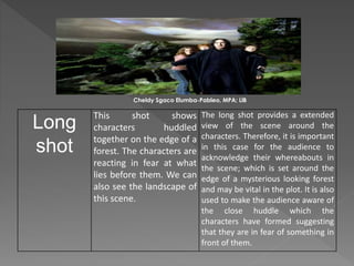 Long
shot
This shot shows
characters huddled
together on the edge of a
forest. The characters are
reacting in fear at what
lies before them. We can
also see the landscape of
this scene.
The long shot provides a extended
view of the scene around the
characters. Therefore, it is important
in this case for the audience to
acknowledge their whereabouts in
the scene; which is set around the
edge of a mysterious looking forest
and may be vital in the plot. It is also
used to make the audience aware of
the close huddle which the
characters have formed suggesting
that they are in fear of something in
front of them.
Cheldy Sgaco Elumba-Pableo, MPA; LlB
 