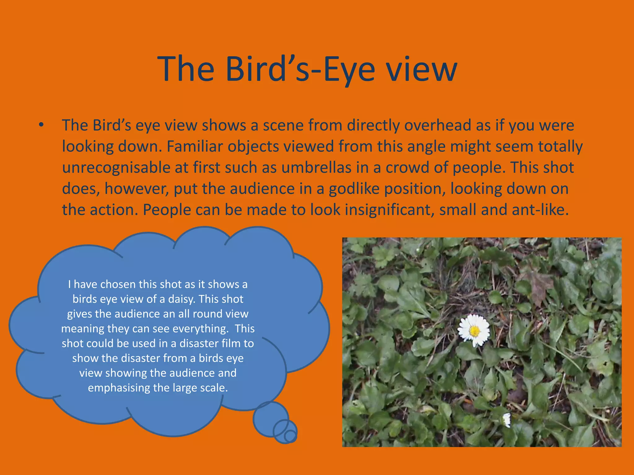 The Bird’s-Eye view
• The Bird’s eye view shows a scene from directly overhead as if you were
looking down. Familiar objects viewed from this angle might seem totally
unrecognisable at first such as umbrellas in a crowd of people. This shot
does, however, put the audience in a godlike position, looking down on
the action. People can be made to look insignificant, small and ant-like.

I have chosen this shot as it shows a
birds eye view of a daisy. This shot
gives the audience an all round view
meaning they can see everything. This
shot could be used in a disaster film to
show the disaster from a birds eye
view showing the audience and
emphasising the large scale.

 