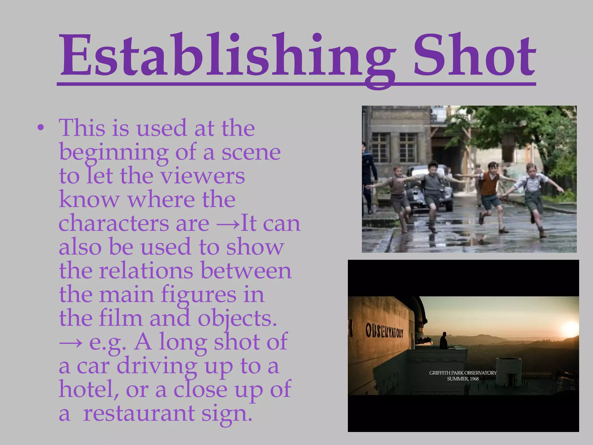 Establishing Shot
• This is used at the
  beginning of a scene
  to let the viewers
  know where the
  characters are →It can
  also be used to show
  the relations between
  the main figures in
  the film and objects.
  → e.g. A long shot of
  a car driving up to a
  hotel, or a close up of
  a restaurant sign.
 