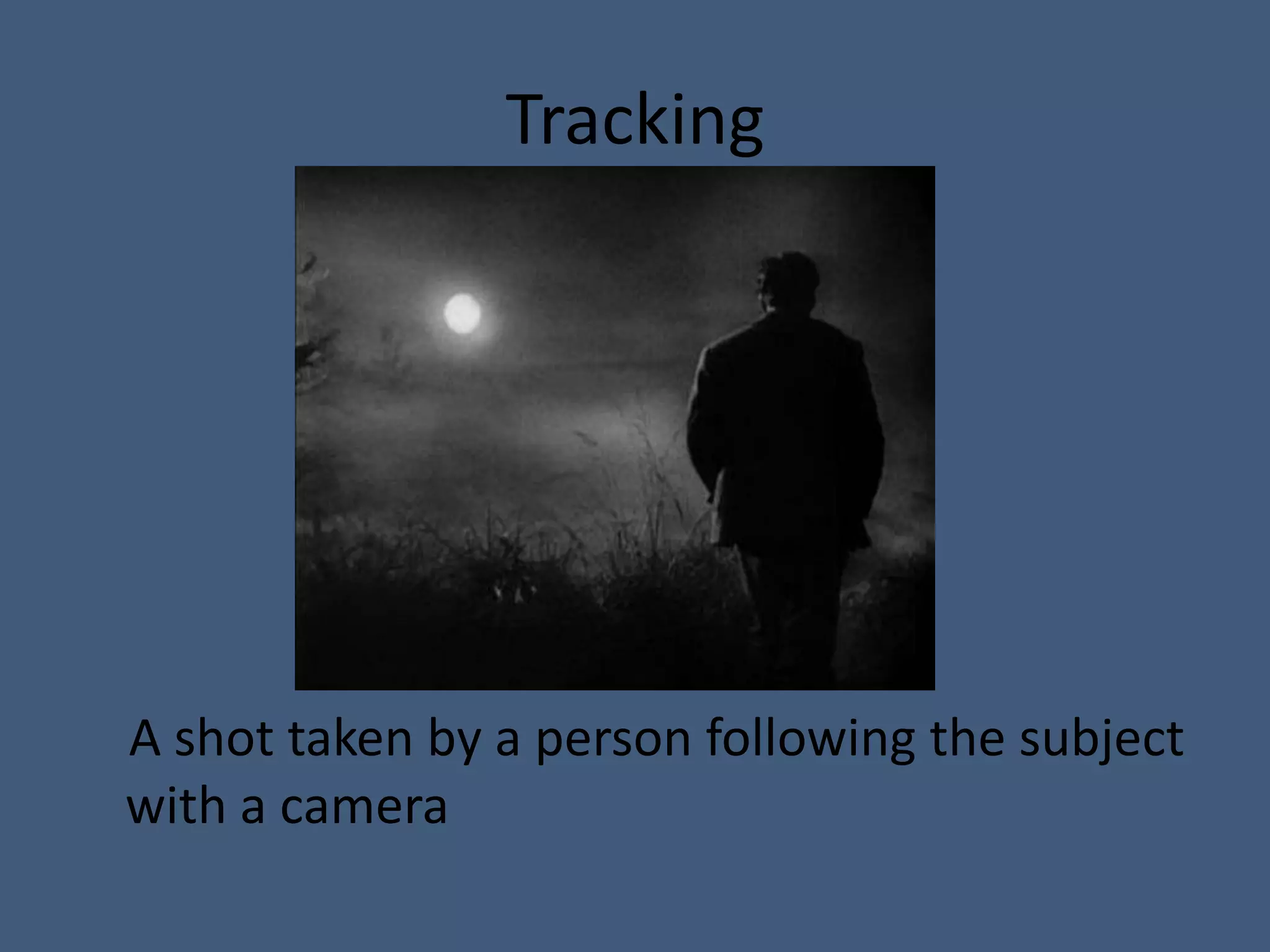 Tracking




A shot taken by a person following the subject
with a camera
 