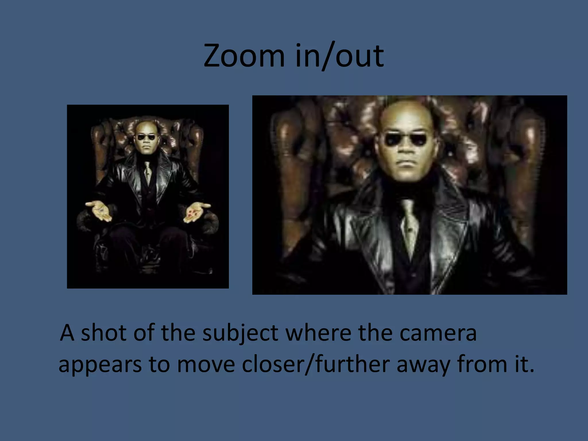 Zoom in/out




A shot of the subject where the camera
appears to move closer/further away from it.
 