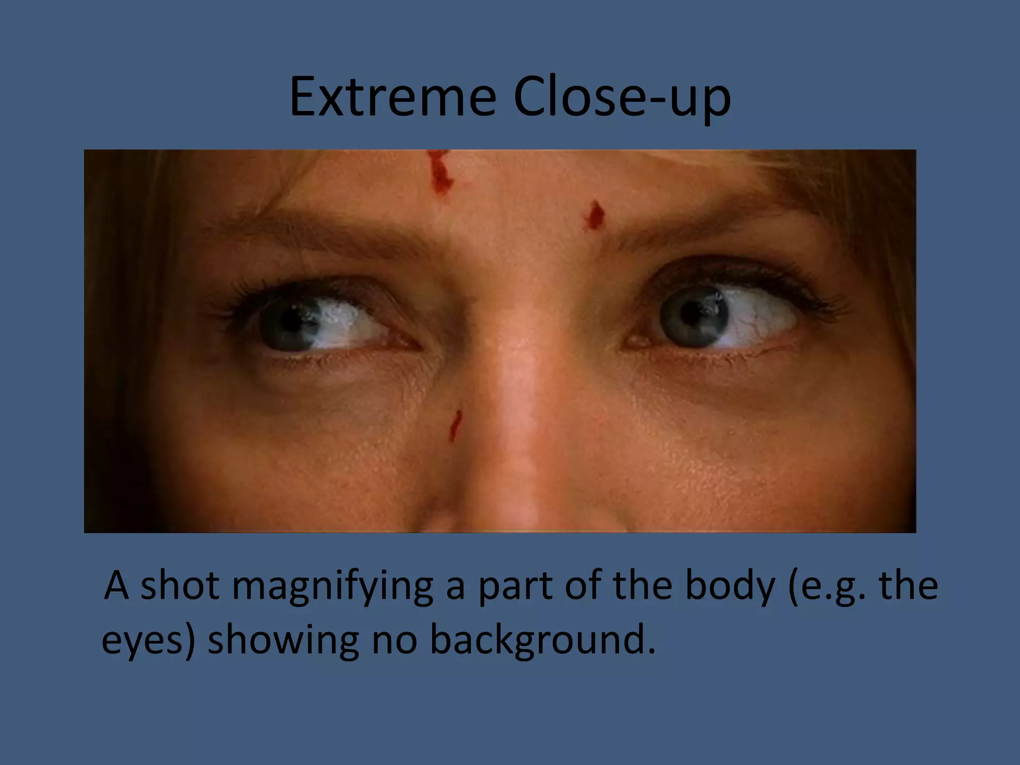 Extreme Close-up




A shot magnifying a part of the body (e.g. the
eyes) showing no background.
 