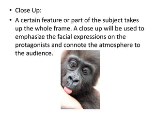 • Close Up:
• A certain feature or part of the subject takes
  up the whole frame. A close up will be used to
  emphasize the facial expressions on the
  protagonists and connote the atmosphere to
  the audience.
 