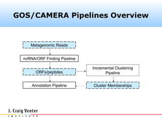 GOS/CAMERA Pipelines Overview



     Metagenomic Reads


  ncRNA/ORF Finding Pipeline

                               Incremental Clustering
        ORFs/peptides                Pipeline


      Annotation Pipeline      Cluster Memberships
 