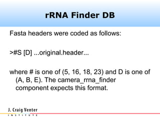 rRNA Finder DB

Fasta headers were coded as follows:

>#S [D] ...original.header...

where # is one of (5, 16, 18, 23) and D is one of
 (A, B, E). The camera_rrna_finder
 component expects this format.
 