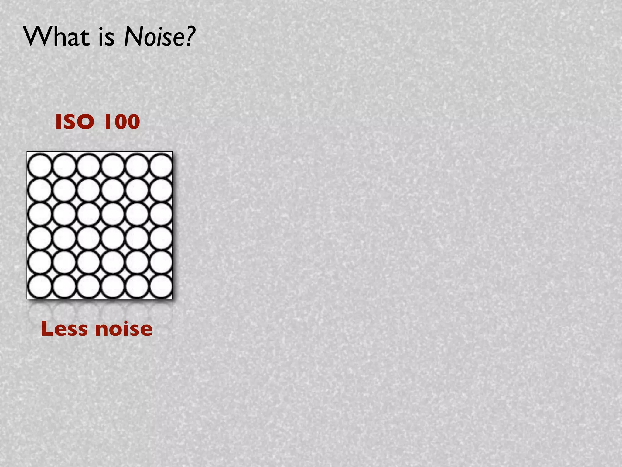 What is Noise?

  ISO 100




 Less noise
 