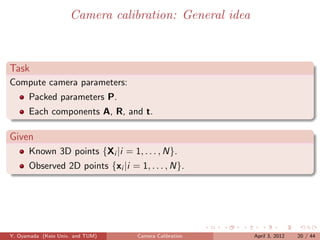 Camera calibration: General idea



Task
Compute camera parameters:
      Packed parameters P.
      Each components A, R, and t.

Given
      Known 3D points {Xi |i = 1, . . . , N}.
      Observed 2D points {xi |i = 1, . . . , N}.




Y. Oyamada (Keio Univ. and TUM)    Camera Calibration   April 3, 2012   20 / 44
 