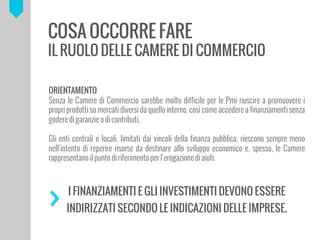COSA OCCORRE FARE
IL RUOLO DELLE CAMERE DI COMMERCIO
ORIENTAMENTO
Senza le Camere di Commercio sarebbe molto difficile per le Pmi riuscire a promuovere i
propri prodotti su mercati diversi da quello interno, cos come accedere a finanziamenti senza
godere di garanzie o di contributi.
Gli enti centrali e locali, limitati dai vincoli della finanza pubblica, riescono sempre meno
nellintento di reperire risorse da destinare allo sviluppo economico e, spesso, le Camere
rappresentano il punto di riferimento per lerogazione di aiuti.
I FINANZIAMENTI E GLI INVESTIMENTI DEVONO ESSERE
INDIRIZZATI SECONDO LE INDICAZIONI DELLE IMPRESE.
 