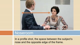 In a profile shot, the space between the subject’s
nose and the opposite edge of the frame.
Noseroom
 